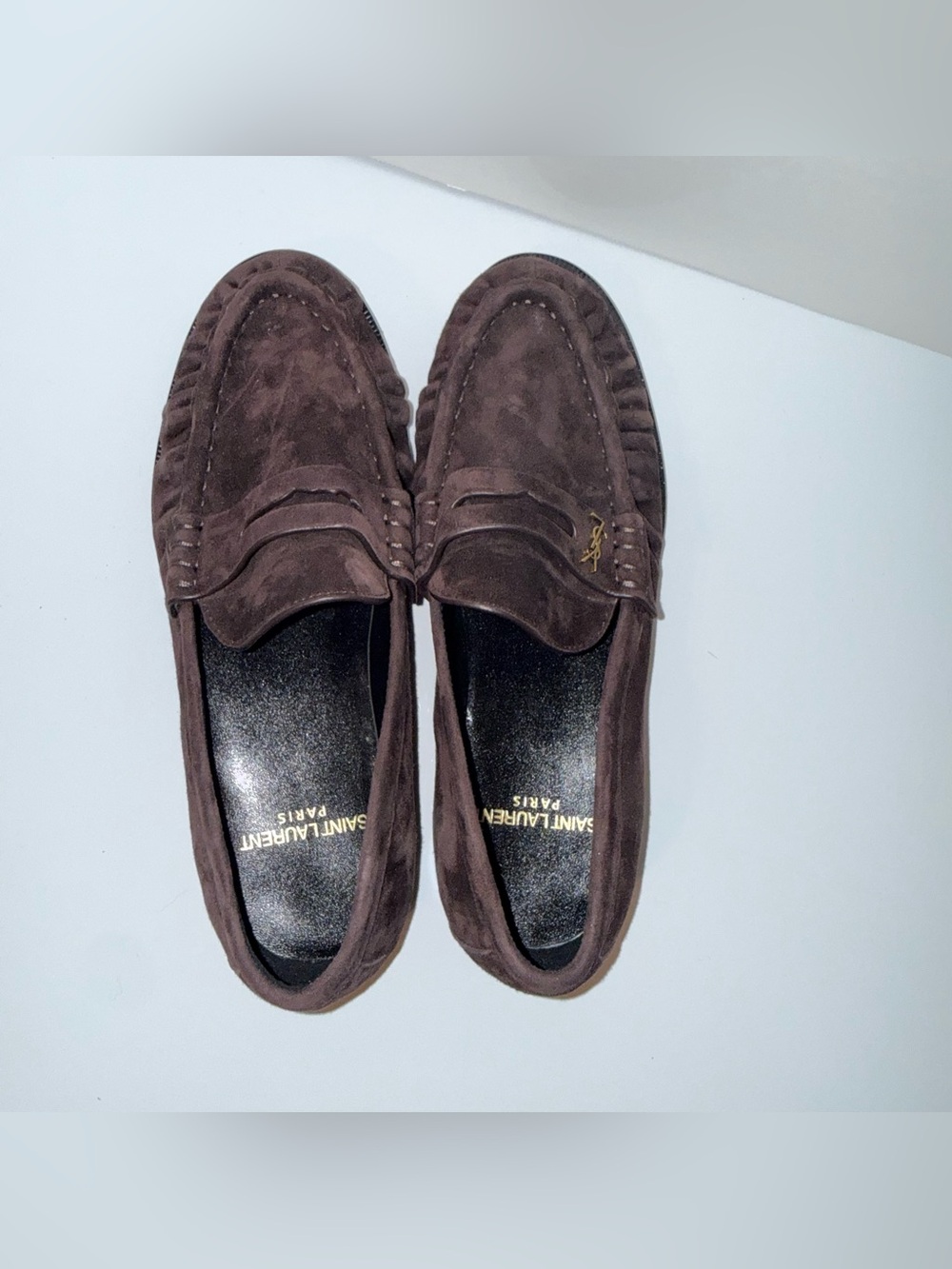 SAINT LAURENT brown suede quiet luxury never worn designer penny loafers 38 - Picture 7 of 8